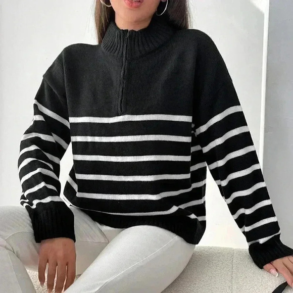 Black And White Preppy Womens Stripe Pattern Half Zipper Drop Shoulder Sweater - Picture 4 of 5